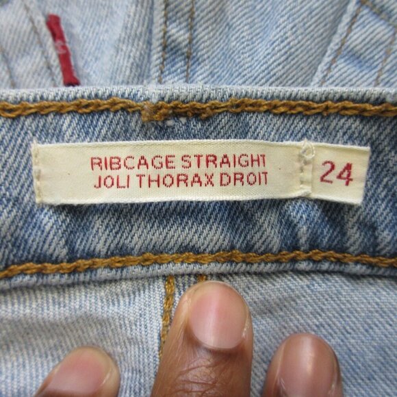 Levi's Ribcage Straight Women's Jeans 24 Blue Raw Hem Light Wash Denim Y2K 628 - Picture 4 of 14